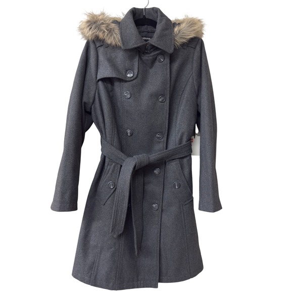 NWT | Alpine Swiss Parka Trench Pea Coat Belt Jacket Faux Fur Hood | Gray |Small - Picture 2 of 13